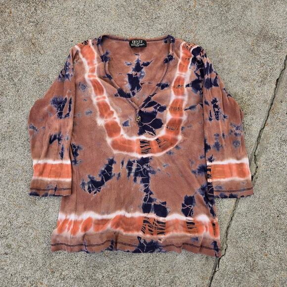 Vtg 90s Y2k TRYST Abstract Watercolor Dye All Over Print Whimsy Ribbed Top S - Picture 1 of 5